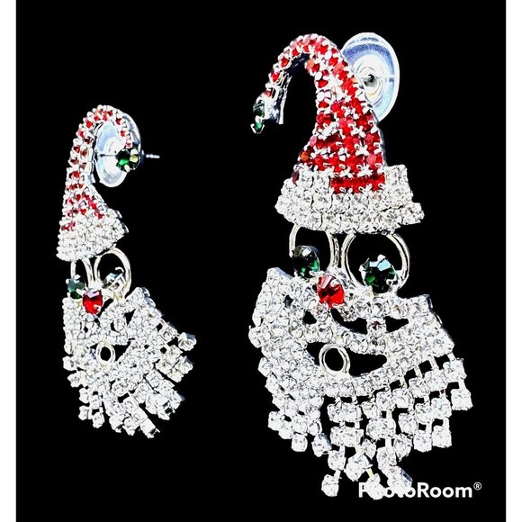 Rhinestone Santa Earrings Posts Handmade Jewelry  New 2" L  Festive Party - Picture 3 of 7